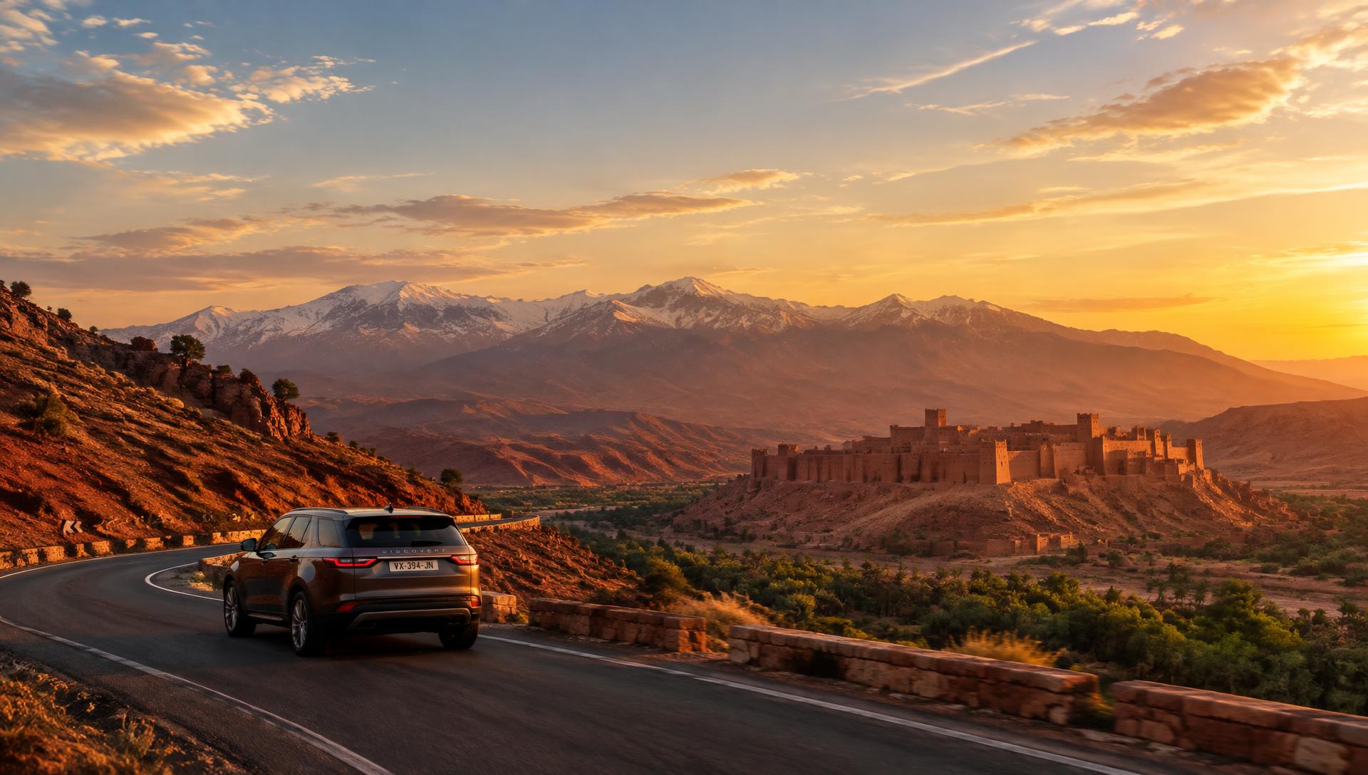 SUV on an Atlas mountain road at sunset